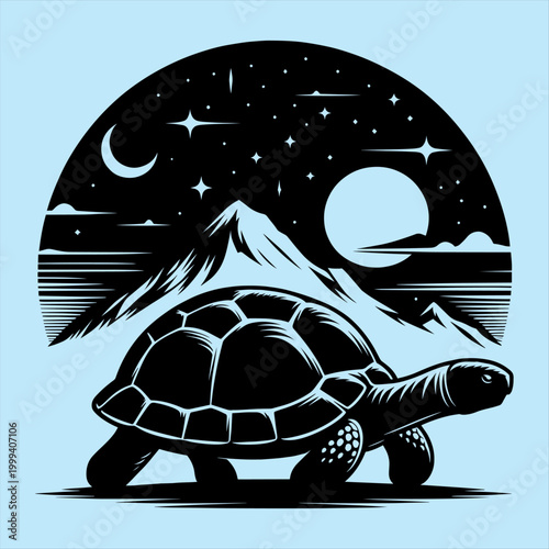A serene vector illustration of a turtle walking under a starry night sky with mountains.