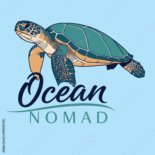 Vector illustration of a graceful sea turtle swimming over waves with ocean nomad text