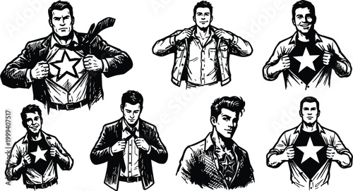 Black and white vector men revealing star emblem shirts multiple poses