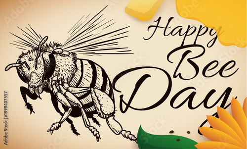 Hand drawn sketch illustration of a honey bee for a happy bee day card