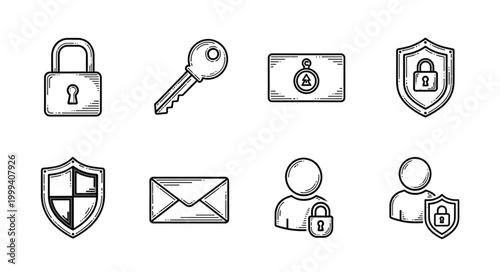 Security Icons Set Hand Drawn Style.