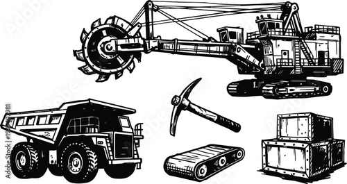 Vector art black and white bucket wheel excavator dump truck pickaxe conveyor crates