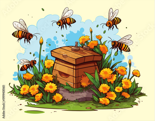 Vector illustration of honey bees flying around a wooden beehive amidst cheerful yellow flowers.