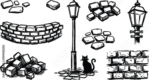 Black and white line art cobblestone piles lamp post and sitting cat vector set