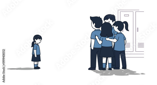 Illustration of a lonely schoolgirl standing apart from a group of classmates consoling each other in a minimalist style with a muted color palette against a stark white background