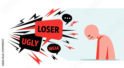 A digital illustration depicts a figure with their head down, seemingly affected by the words 'loser', 'ugly', and 'weak' emanating from a speech bubble against a plain background