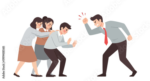A furious businessman aggressively raises his fist in a dispute, while three colleagues try to calm him down in a conflict resolution, depicted in a flat vector illustration on a clean