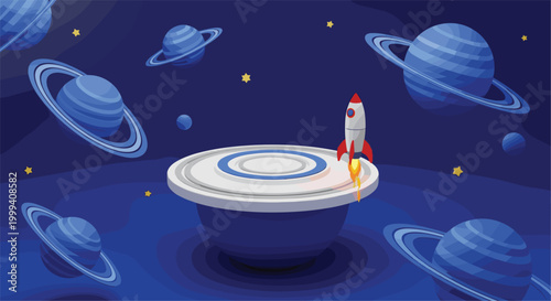 Rocket launch from futuristic platform in outer space with planets stars galaxy background sci fi vector illustration scene
