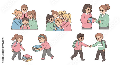 Illustration of children in various social interactions, including hugging, sharing, and helping each other, presented in a flat lay style with pastel colors and a clean white background