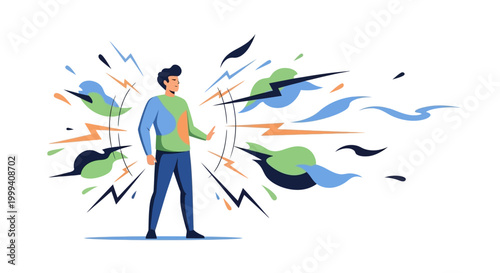 A young man standing with an outstretched hand and a concerned expression, surrounded by abstract shapes and lightning bolts on a white backdrop, suggesting stress and anxiety in a modern