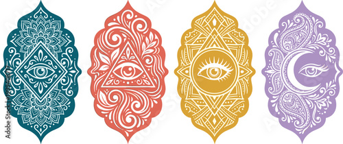 Mystical Sacred Geometry Set with Eye of Providence, Mandala, Triangular and Crescent Moon Symbols for Spiritual and Esoteric Art