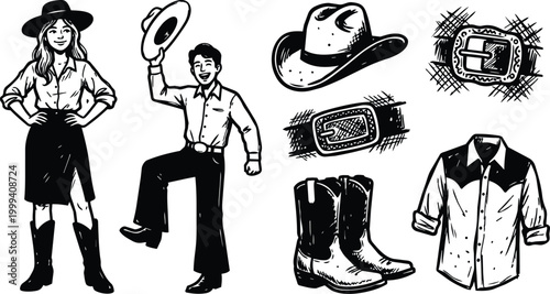 Black and white western line art cowgirl and cowboy with hat boots and belt buckle