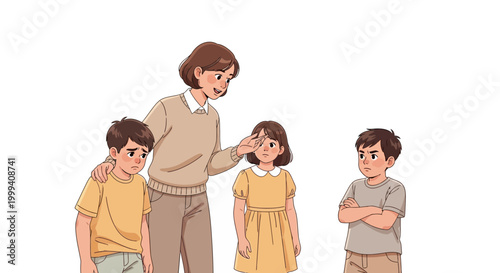 Cartoon illustration of a comforting woman with short brown hair, standing and consoling a young girl with a hand on her forehead, while two boys stand nearby against a clean white