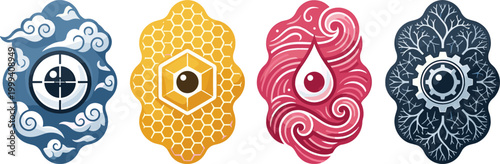 Mystical Symbol Set Featuring Eye, Clouds, Honeycomb, Water Droplet, and Mechanical Designs for Spiritual and Geometric Art