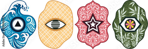 Mystical Symbol Design Set with Eye, Waves, Stars, and Floral Patterns for Spiritual and Sacred Geometry Art