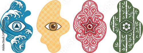 Mystical Symbol Set with Eye, Waves, Geometric Patterns, and Decorative Designs for Spiritual and Abstract Art