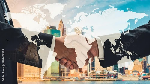Global Partnership Handshake Over Cityscape with World Map Overlay