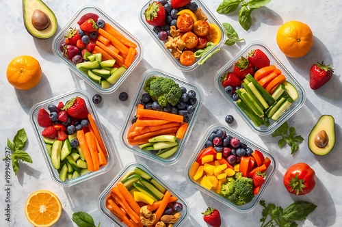Overhead view of meal prep containers filled with fresh fruits and vegetables flat lay eating well plant based ready to eat vegetables containers nutrition appetizing blueberries cucumbers