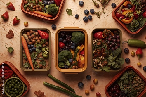 Assortment of healthy meal prep containers with vegetables fruits grains flat lay food photography containers vegetables broccoli nutrition vegetarian vitamins appetite ingredient close-up