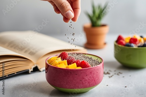 Hand sprinkling seeds on fruit smoothie bowl with raspberries and mango flat lay food photography smoothie raspberry breakfast vegetarian nutrition delicious vitamins wellbeing appetite