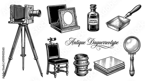 Antique Daguerreotype Photography Equipment Collection, Vintage Camera, Lens and Darkroom Tools, Engraving Vector Illustration