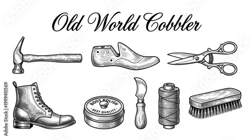 Vintage Shoemaker and Cobbler Tool Set Illustration, Engraved Hand Drawn Vector of Leather Crafting Equipment, Boot Polish, Hammer, and Shoe Last
