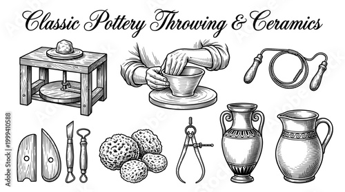 Hand-drawn vintage pottery tools and ceramics making process set with potter's wheel, hands shaping clay, and finished vases in engraving style vector illustration.