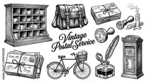 Vintage Postal Service Vector Illustration Set with Retro Post Box, Mail Bag, Letters, Quill Pen, and Bicycle in Engraving Style
