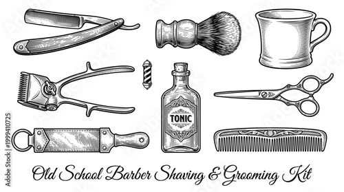 Vintage Barber Shop Shaving and Grooming Kit Vector Illustration, Engraving Style Old School Hair Salon Tools Set