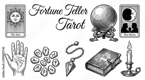 Fortune Teller and Tarot Occult Symbols Set, Vintage Engraving Style Mystic Illustrations with Crystal Ball, Tarot Cards, Runes, Palmistry Hand, and Grimoire for Esoteric Design