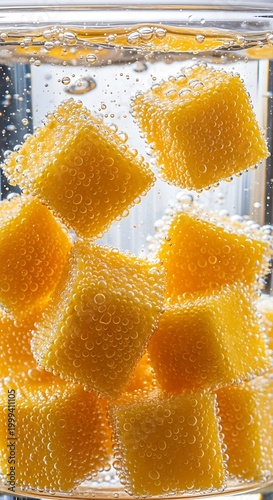 Refreshing Mango Cubes in Sparkling Water for a Tropical Treat.