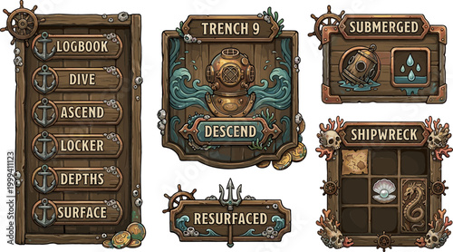 Underwater Diving and Shipwreck Adventure Icons for Logbook, Trench Exploration, and Deep Sea Dive