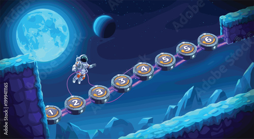 Space game level background with astronaut jumping platforms moon landscape cartoon galaxy scene futuristic adventure vector illustration