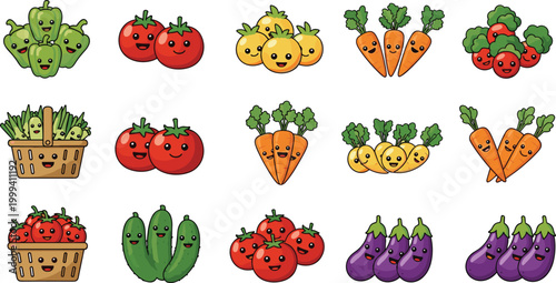 Adorable Vegetable Characters Collection, Tomatoes, Carrots, Cucumbers, and More for Fun, Kid-Friendly, and Eco-Themed Designs