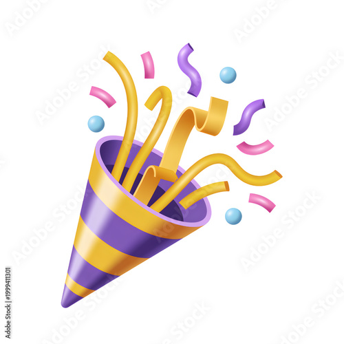 Tableau sur toile Purple Party Horn with Yellow Streamers and Confetti on White