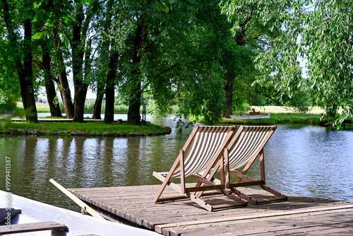 Sun loungers for relaxing by the pond at the Skornyakovo-Arkhangelskoye estate, Lipetsk region of Russia