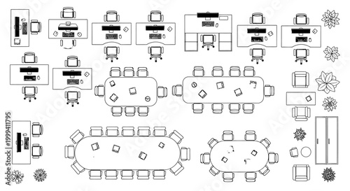 overhead view of office desks with computers and chairs modern workspace layout interior design plan