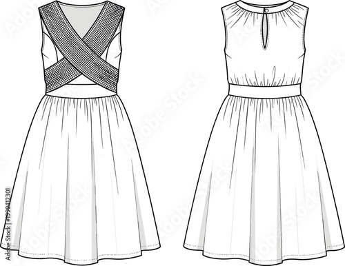 Sleeveless dress fashion illustration, technical flat sketch, X-shaped bodice bands, triangular cutout waist, pleated flared skirt, keyhole back closure