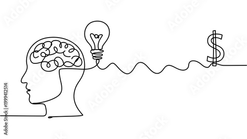Single line drawing of a human head profile with a brain, a lightbulb, and a dollar sign connected by a wavy