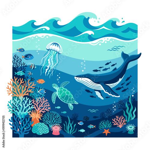 Vibrant underwater scene with a whale, turtle, jellyfish, and colorful coral reef teeming with fish