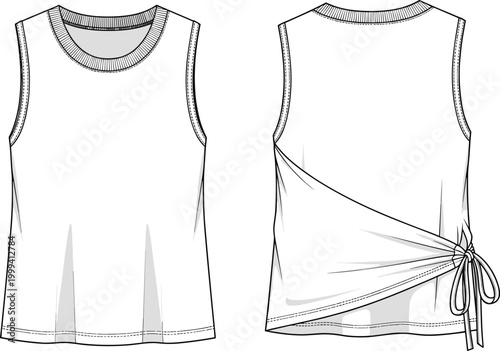 Sleeveless top fashion illustration, technical flat sketch, round neckline, armhole detail, front darts, asymmetrical wrap back, bow tie draped design