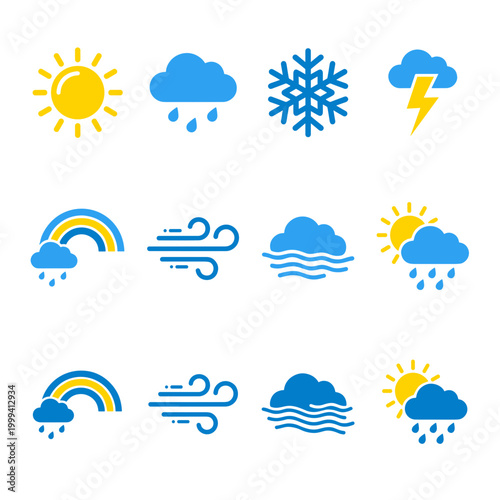 Set of flat weather icons representing sun, clouds, rain, snow, lightning, wind, and rainbow for forecasting and meteorological data visualization