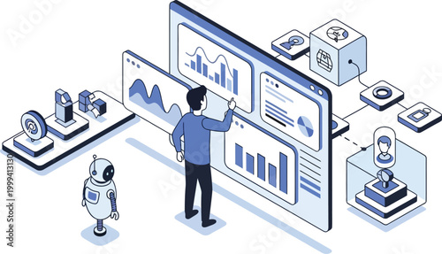 Isometric illustration of a digital ecosystem featuring AI robots, data dashboards, and connected systems. Represents artificial intelligence, data processing, and advanced technology integration.