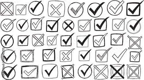 Checkmark and x mark collection hand drawn silhouette style