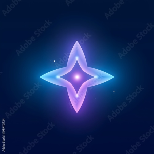 Luminous abstract four point neon glowing star on blue cosmic background, tech icon
