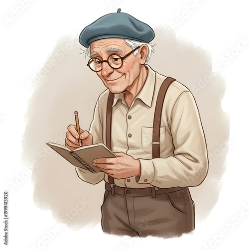 Senior old man writing in notebook with pencil hand drawn illustration