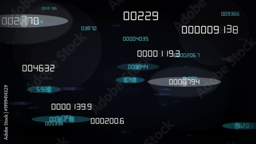 Futuristic motion background with glowing random numbers and circular HUD elements for data and tech.