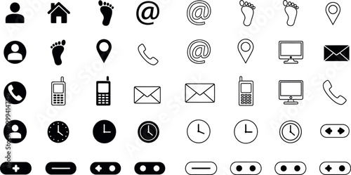 Black silhouette icons set communication navigation and device symbols
