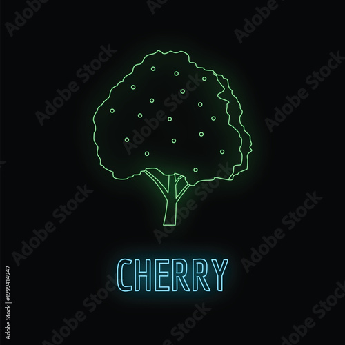 Cherry tree outline with glowing neon effect and text on dark background