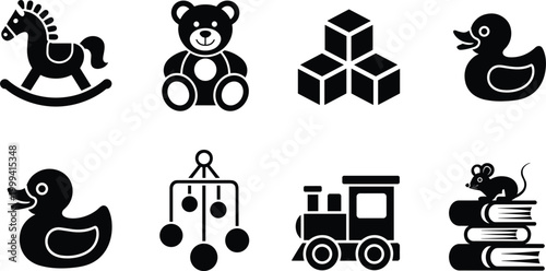 Collection of Black Toy Icons on White Background Keywords: toys, icons, symbols, objects, collection, set, black, white, background